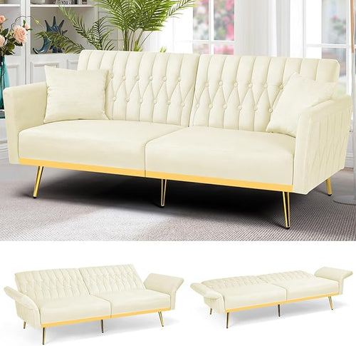 70” Velvet Futon Sofa Bed with 2 Pillows and Adjustable Armrests, Convertible by ACMEASE