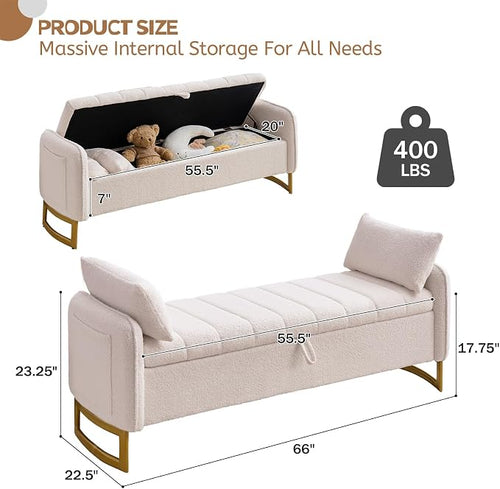 66" End of Bed Bench King Size, Teddy Boucle Storage Bench - Image 2
