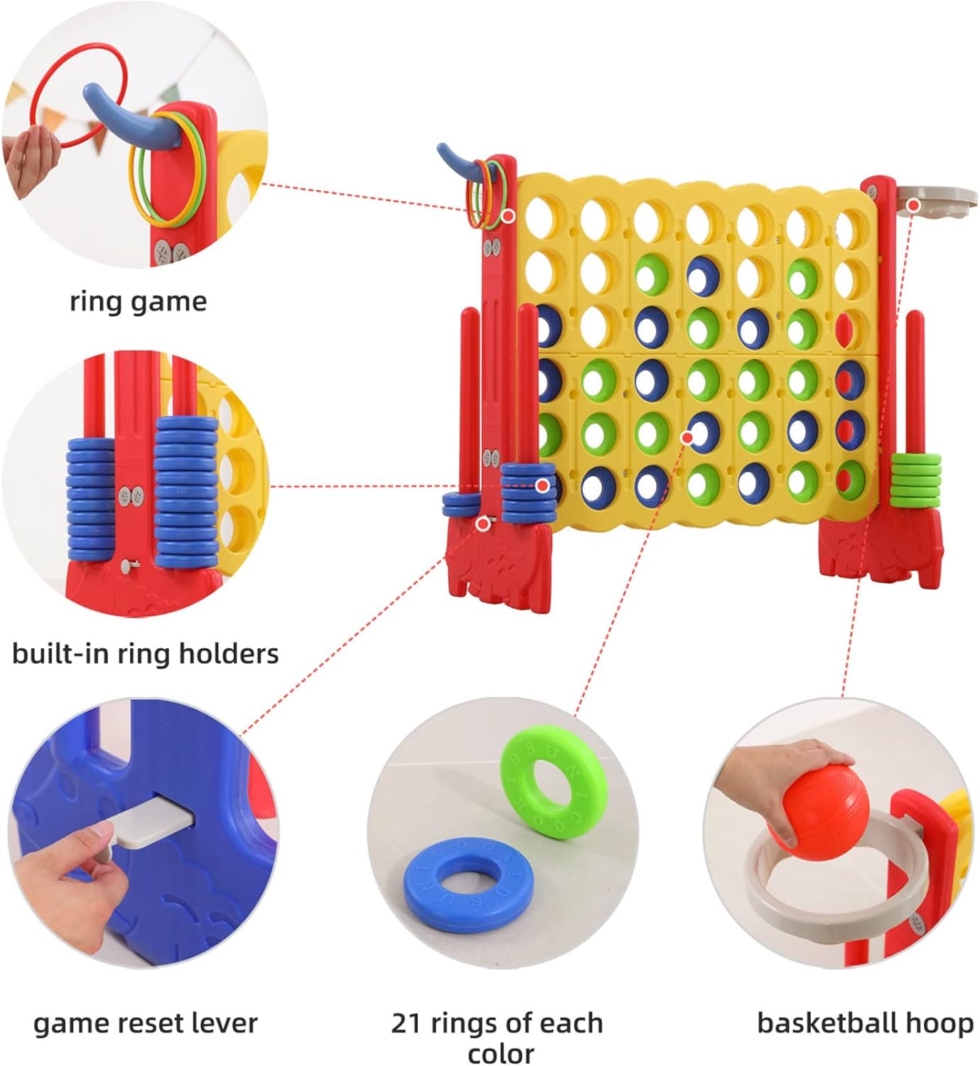 UNICOO Giant 4-in-A-Row with Carry Bag, Ring Toss, Basketball Hoop - Large Outdoor Game for Family Fun - Big Jumbo Game Set for Backyard Parties, BBQs, and Gatherings (Red + Yellow)