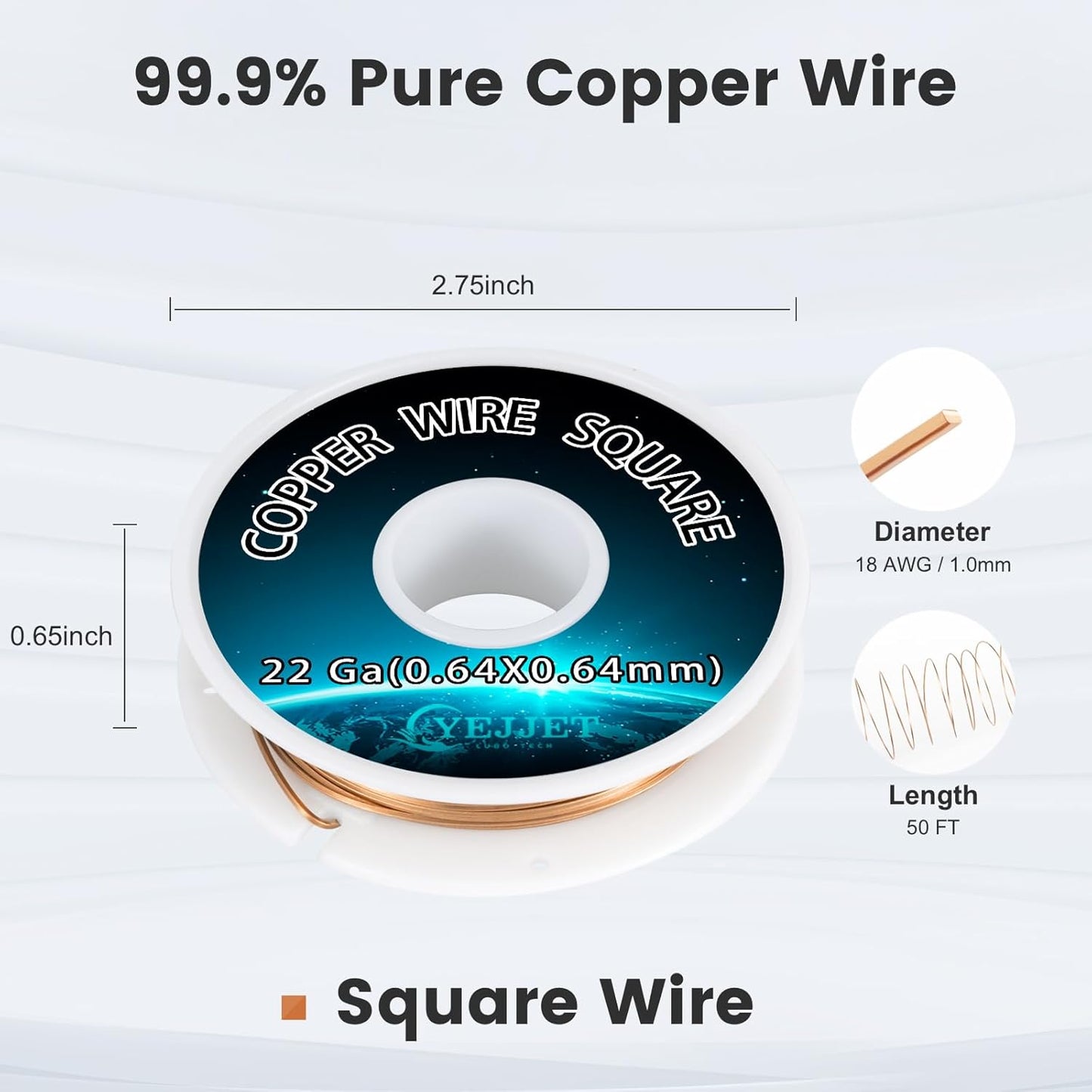 22 Gauge Copper Wire Square - 0.64mm Dead Soft Jewelry Wire, 50 Feet - Pure Copper Craft Wire for Jewelry Making, Wrapping, Beading, DIY Projects