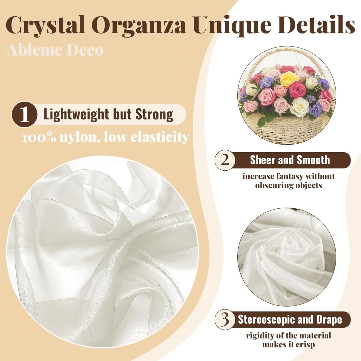 Organza Fabric by The Yard, 60 Inch Wide 10 Yards (30 ft) Extra Long Sheer Fabric for DIY Sewing Projects Window Scarf Wedding Decorations Party Backdrops Curtains (Ivory)