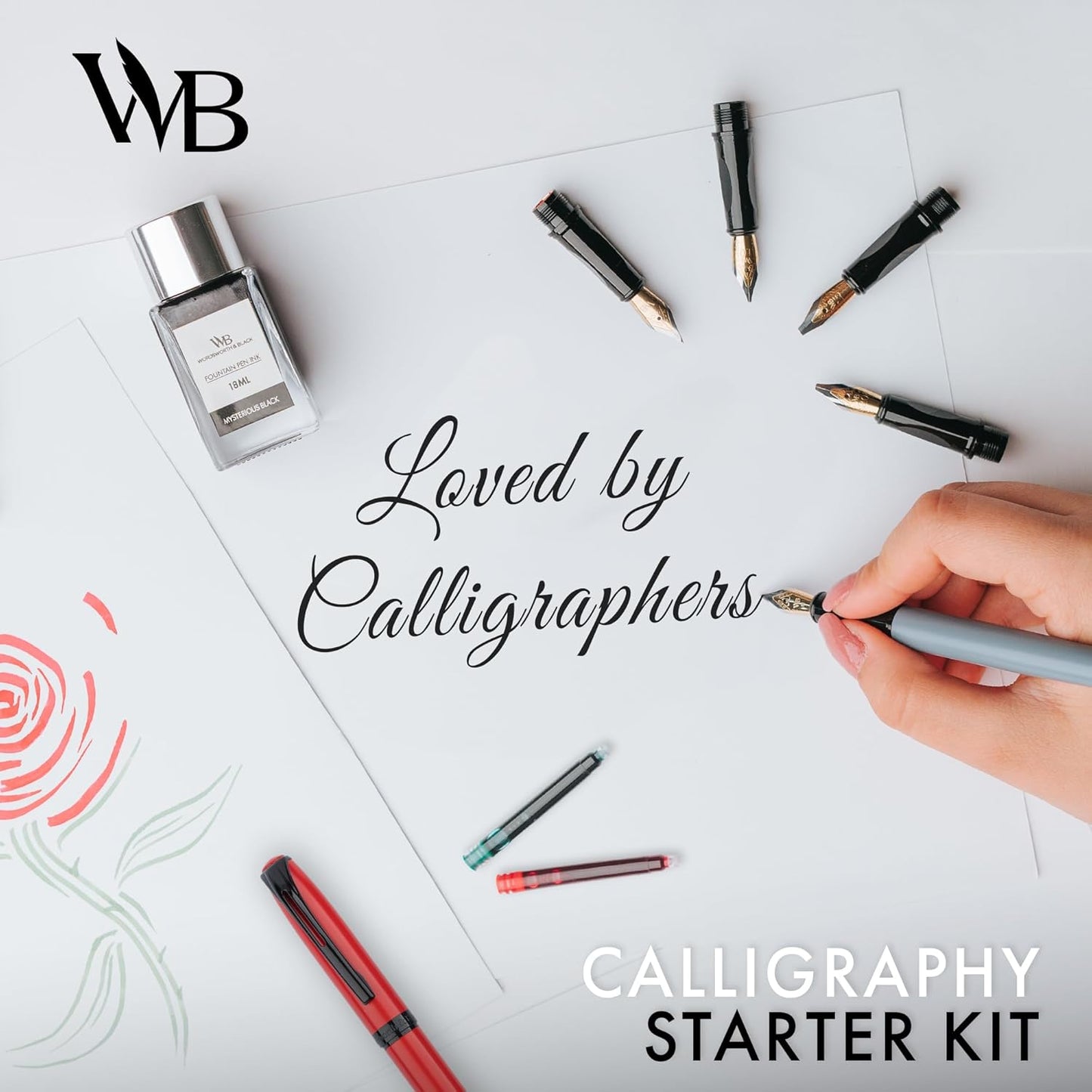 Wordsworth and Black Calligraphy Pen Set - Grey - Includes 2 Calligraphy Pens, 18 ML Ink Bottle, 60 Ink Cartridges, Ink Refill Converter, 1 Medium and 4 Broad Nibs, Brush Pen