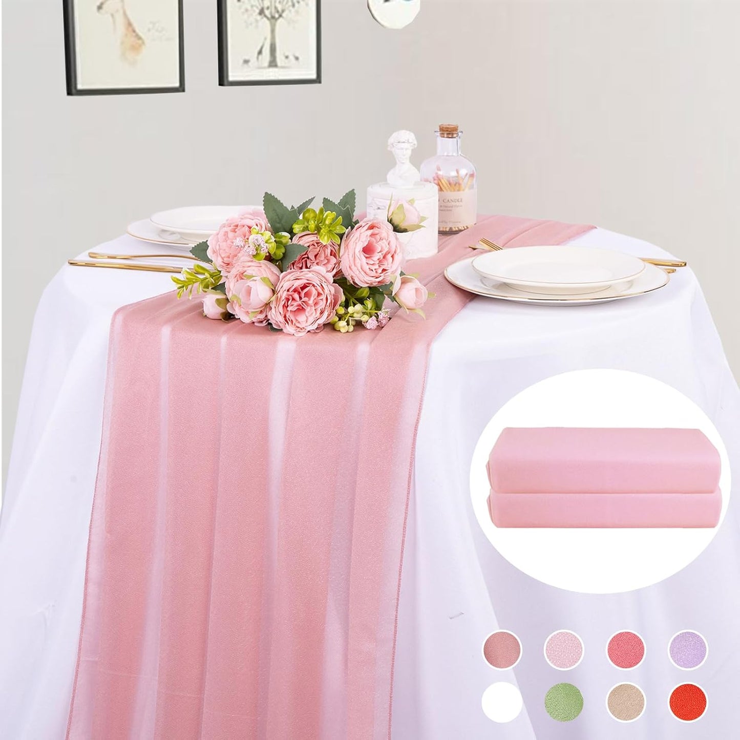 2 Packs 10ft Dusty Rose Chiffon Table Runner 30 x 120 Inches Sheer Romantic Table Runner for Boho Wedding Birthday Party Bridal Baby Shower Decoration