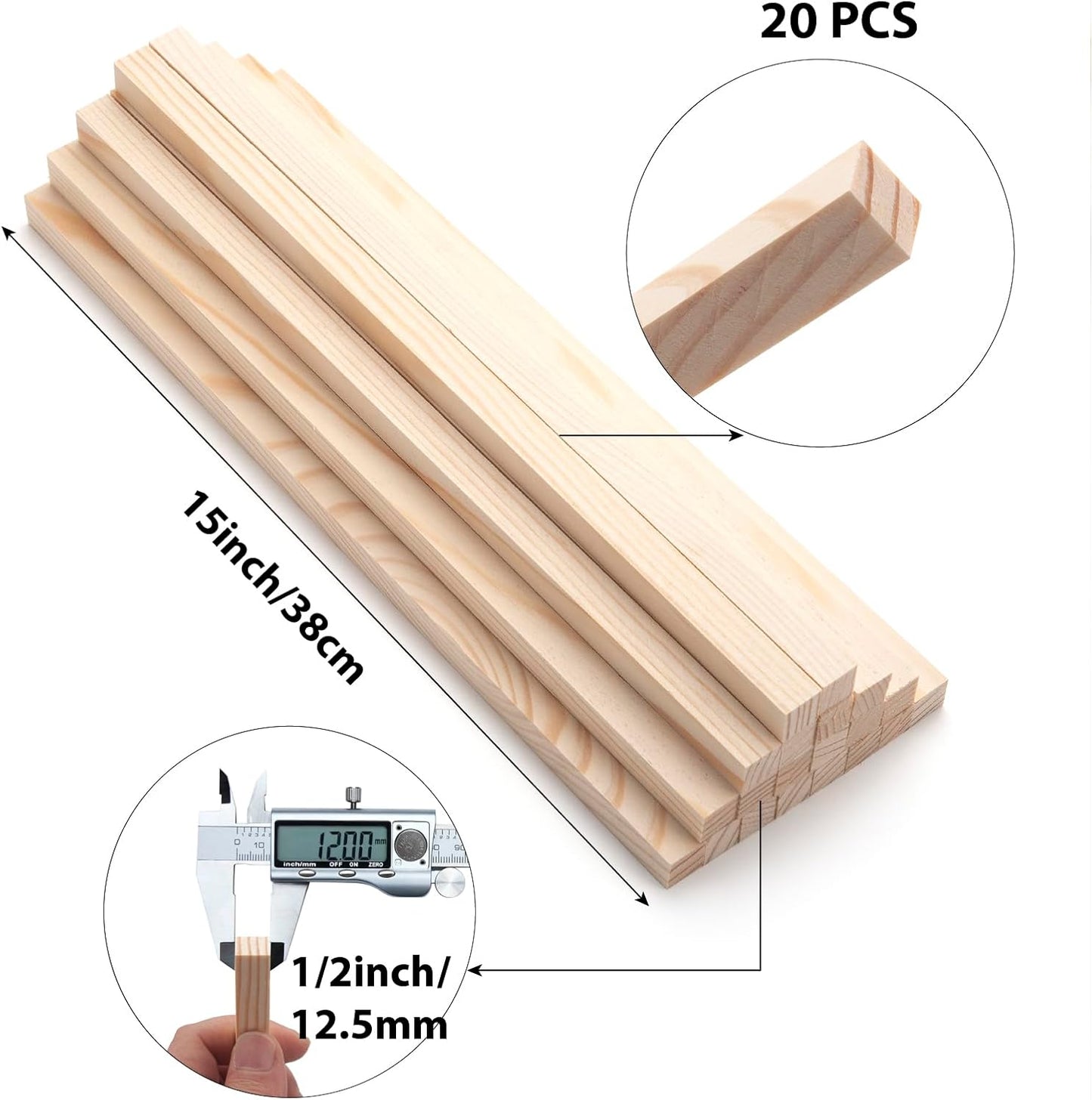 Square Wooden Dowel Rods, 20PCS 1/2" x 15" Square Wood Dowel Rods Wooden Sticks for Crafts, Unfinished Hardwood Sticks Wood Strips for Woodworking, Crafting, Arts and DIYers, Home Decor, Model Making