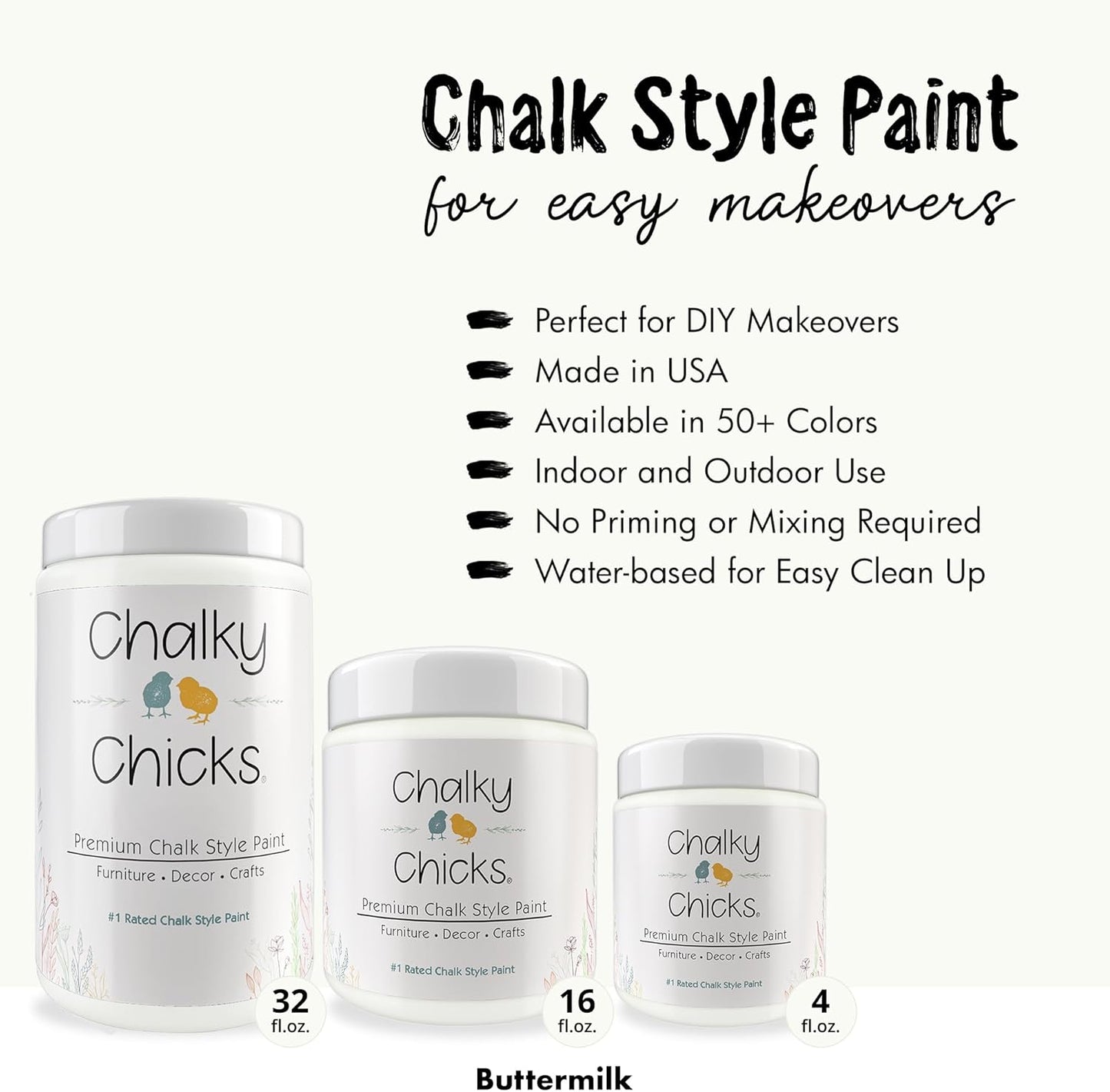 Chalky Chicks All-in-One Chalk Paint for Furniture or Cabinet - 32 Fl Oz - Matte Finish Buttermilk (White) for Metal, Wood Furniture Paint - No Sanding All-in-One for Home Decor & Crafts, USA Made