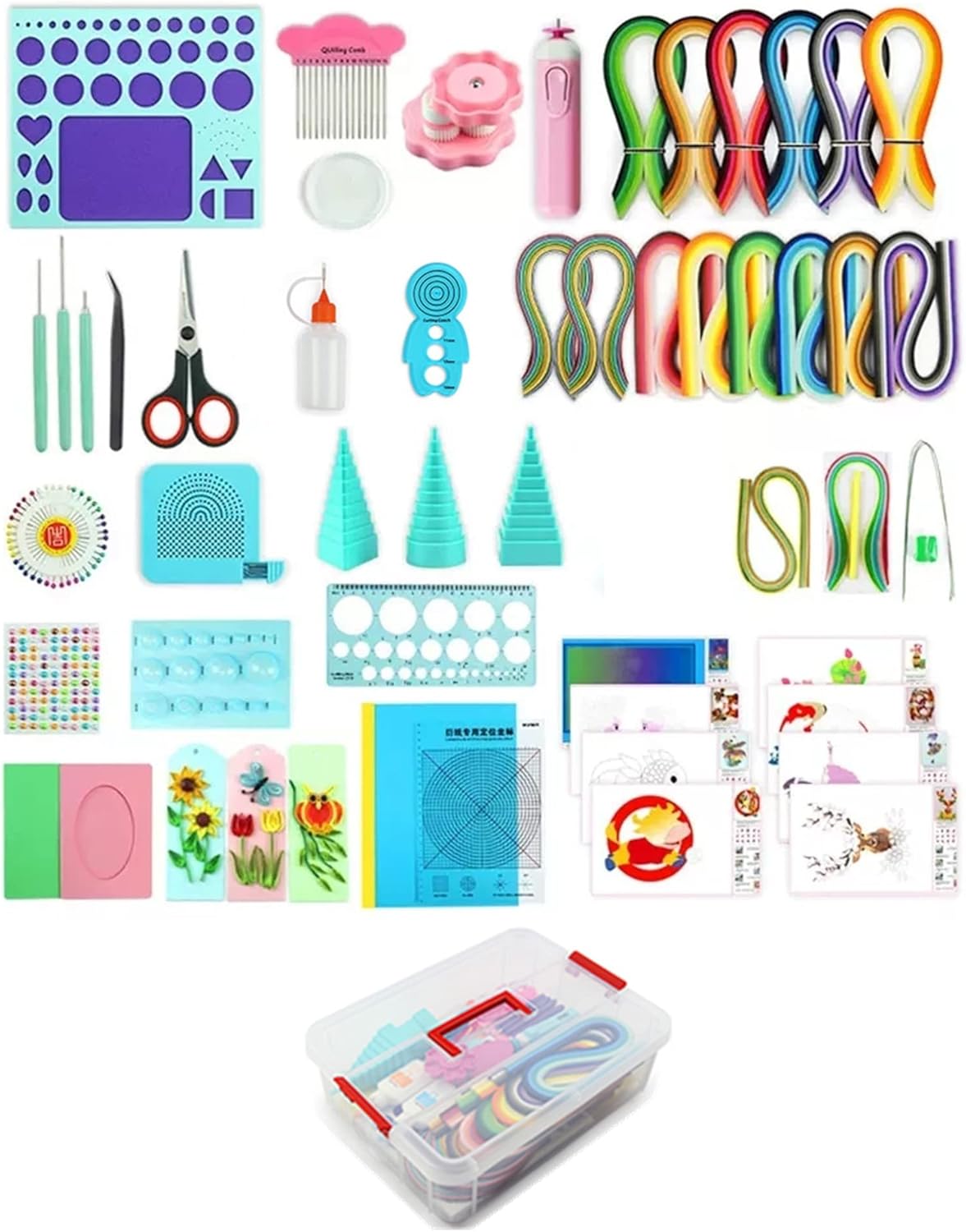 Paper Quilling Kit 3mm/5mm/10mm 1740pcs Quilling Paper Strips Quilling Tool Set with Storage Box with Quilling Electric Slotted Pen Needle Curler Crimper Comb Board Template Border Buddy Tower