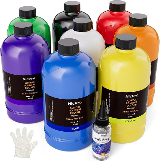 Nicpro 8 Colors Large Bulk Acrylic Pour Paint Set (33.8 oz, 1000 ml) Premixed High Flow Art Pouring Paint Supplies Kit with Silicone Pour Oil, Gloves for Beginner Cell Creation Flow DIY, Ready to Pour