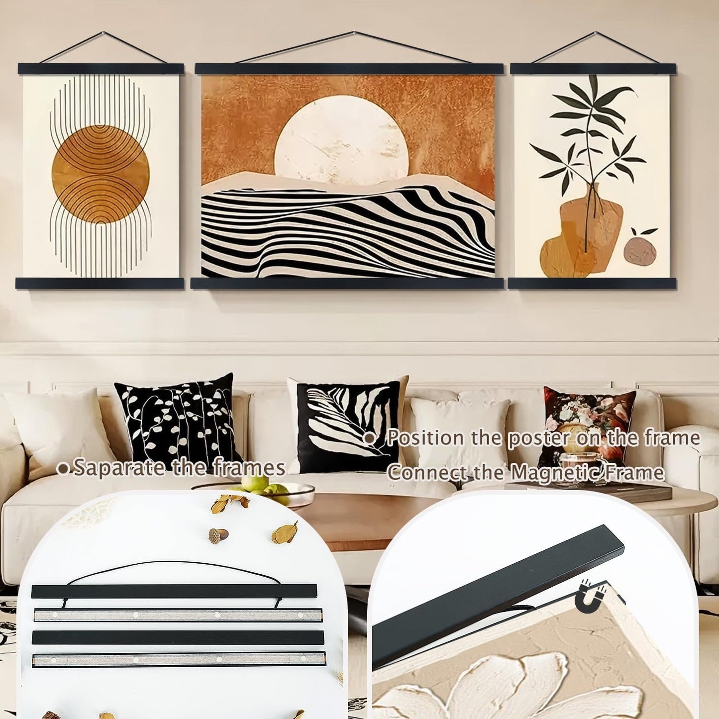 Artmag Magnetic Poster Hanger Frame, 55x36 55x30 55x60 Light Wood Wooden Magnet Canvas Artwork Print Dowel Poster Hangers Frames Hanging Kit (Black, 55")