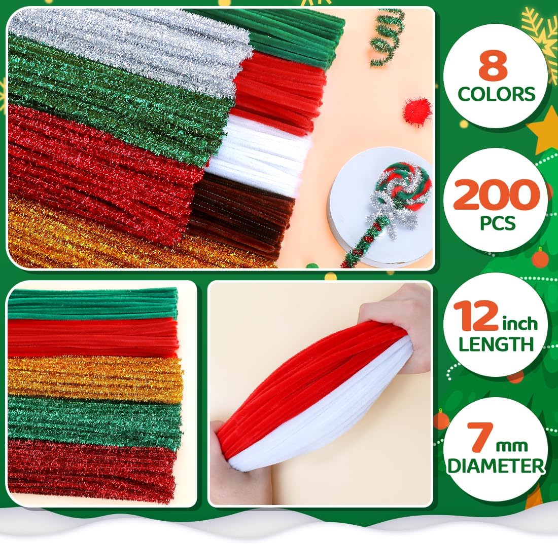 200pcs Christmas Pipe Cleaners – 8 Color Chenille Stems & Fuzzy Sticks for Crafts, Holiday DIY Decorations, Ornaments & Family Projects