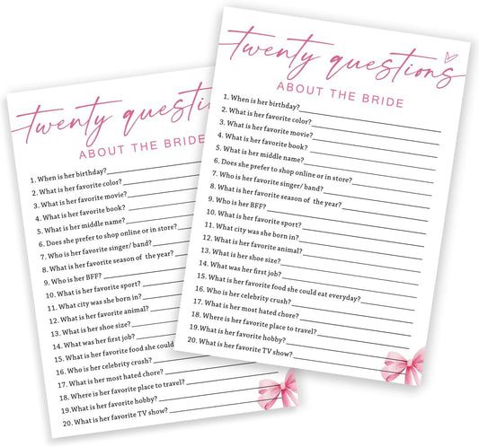 Wedding Shower Games Cards, Twenty Questions About The Bride, Bridal Shower Games 25 Guests, Engagement Party Wedding Games for Guests, Pink Ribbon Bow Wedding Party Supplies - E05