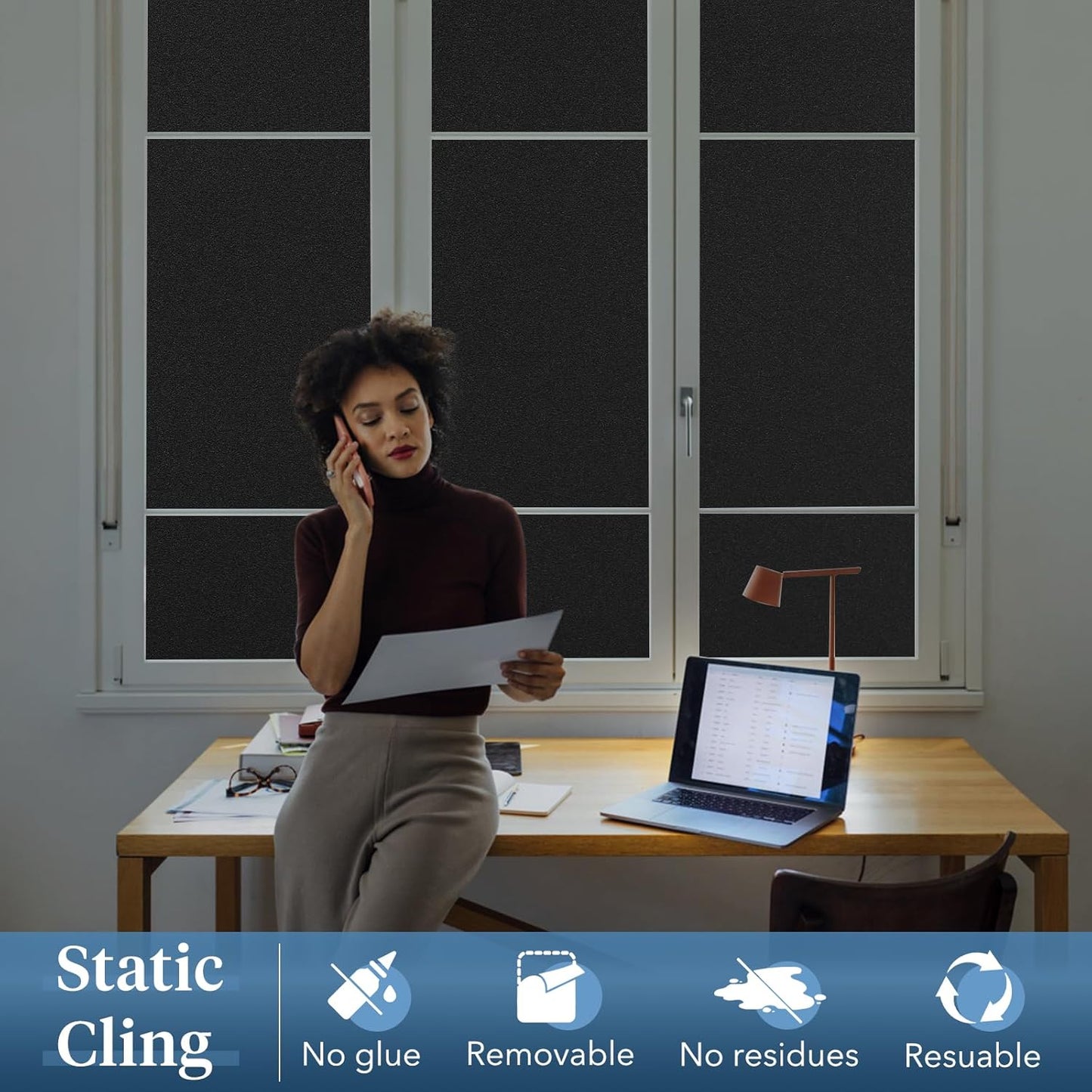 Haton Blackout Window Film, Frosted Privacy Cover for Glass, Sun Light Blocking Black Out Window Tint, Static Cling Room Darkening Heat Control Shades for Home Day and Night, Black 23.6" x 78.7"