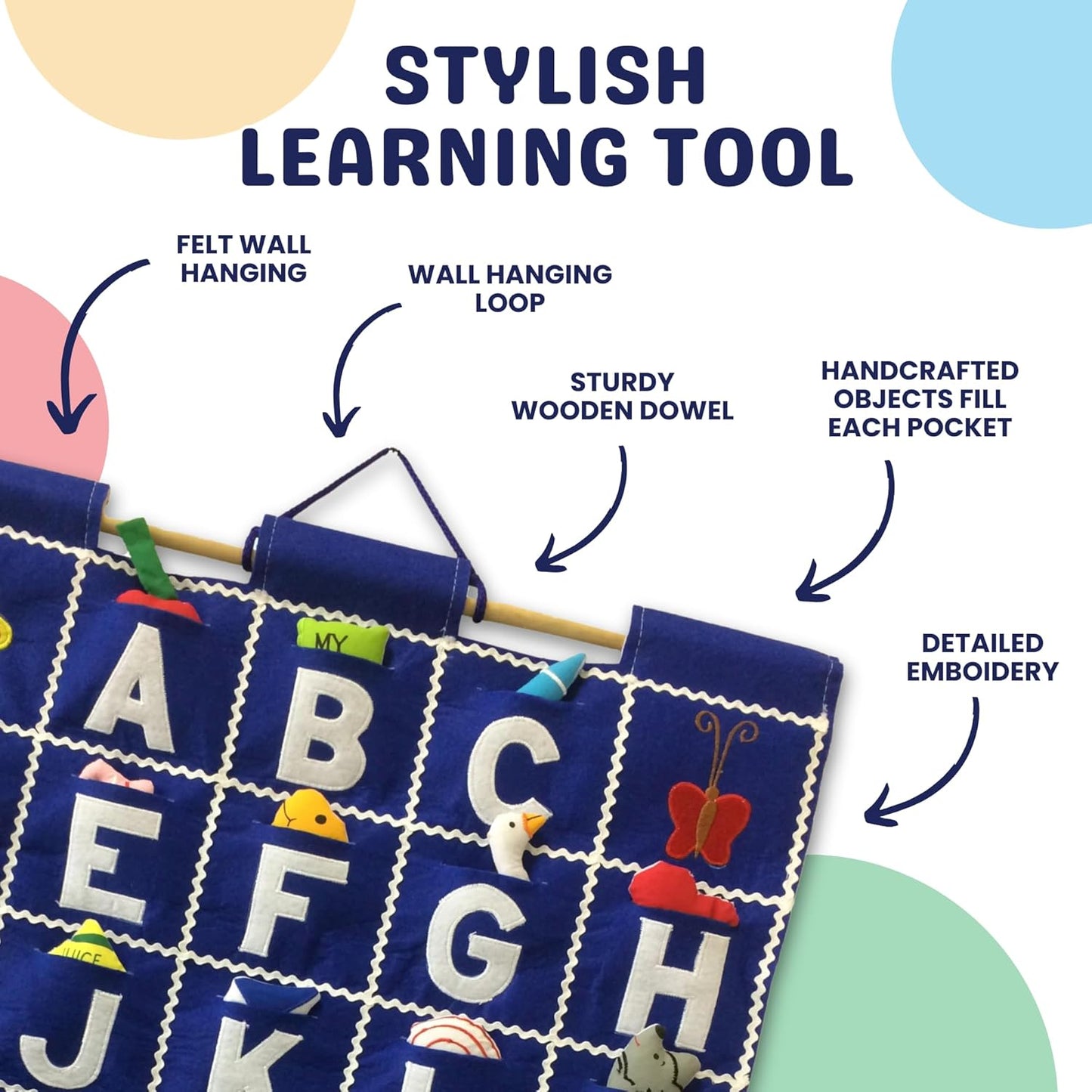 Pockets of Learning ABC Felt Wall Hanging Chart - Early Education Alphabet Fabric Wall Décor for Children's Room | Engaging Educational Learning Art for Kids with Fabric Objects in Pocket (Blue)