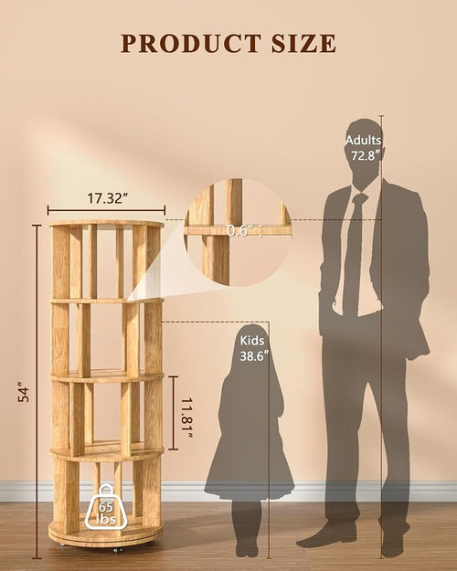 4-Tier Solid Wood Rotating Bookshelf on Wheels, 360° Spinning Book Shelf Tower - Image 2