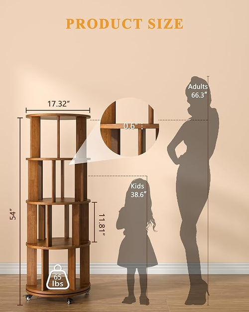 4-Tier Solid Wood Rotating Bookshelf on Wheels, 360° Spinning Book Shelf Tower - Image 2