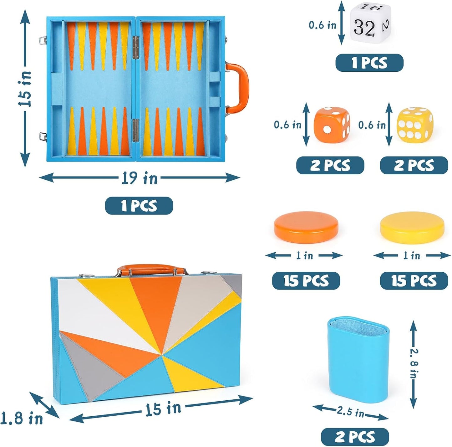 Backgammon Set, 15 Inches Classic Board Game with Leather Case, Geometric Leather Backgammon Game, Folding Portable Travel Strategy Backgammon Game Set for Adults