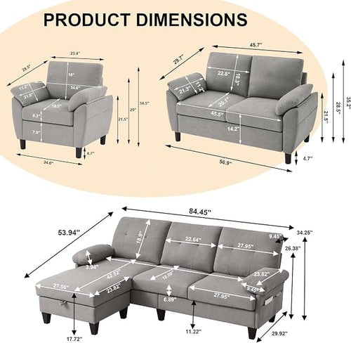 84" Convertible Sectional Sofa Set, 3 Seat L Shaped Couch - Image 2