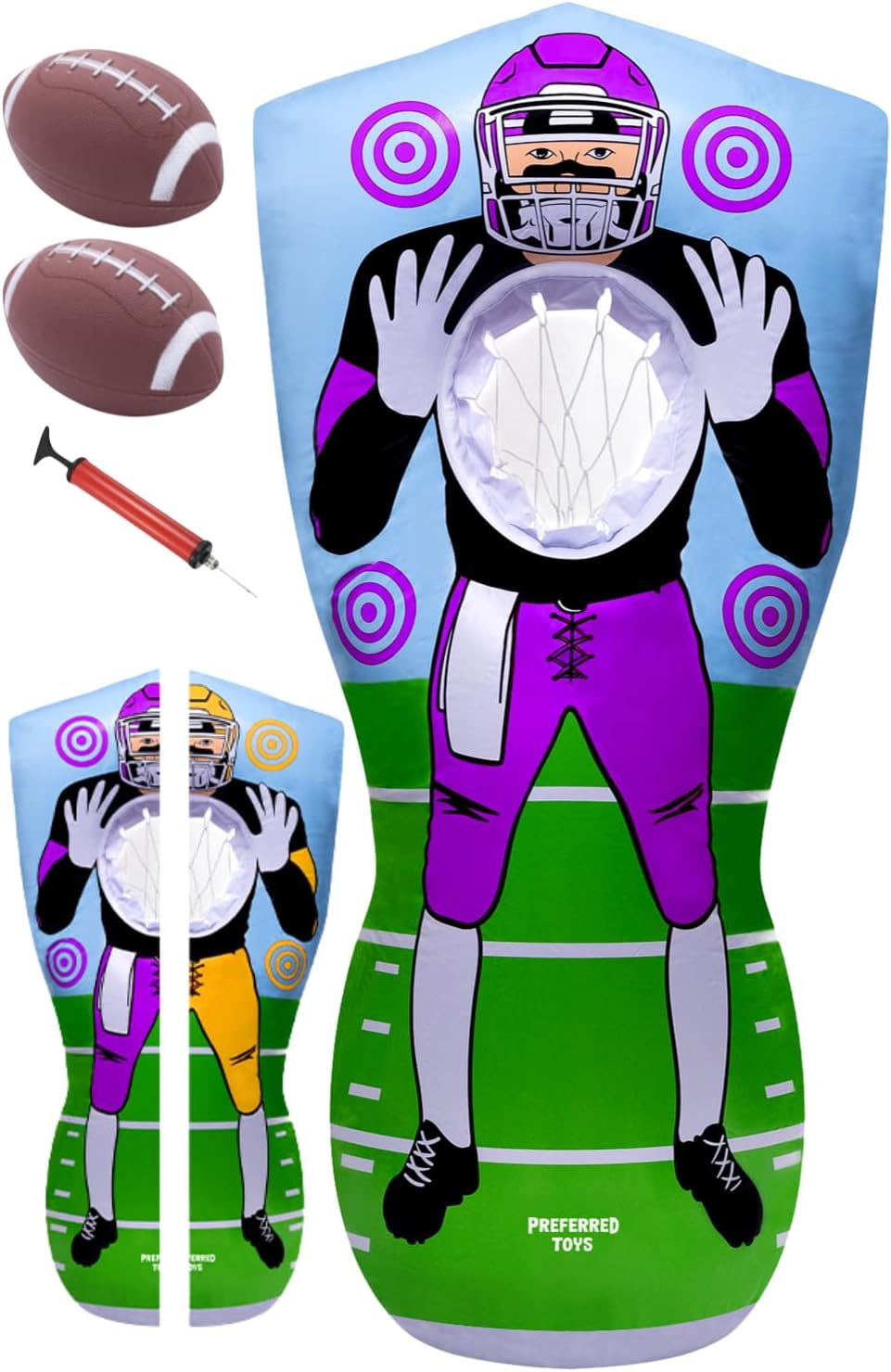 Inflatable Football Target - Double-Sided Toss Training Game with Mini Footballs - Fun Kids Throwing Football Games for Indoors, Outdoors, Birthdays, Camping, Beach - 65 Inch