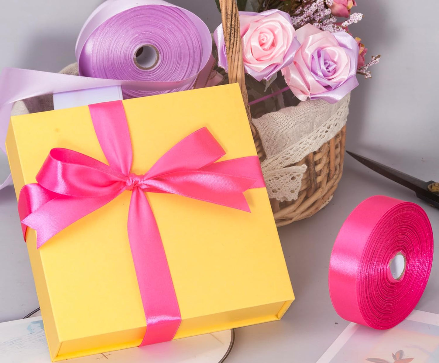 1 Inch Rose Red Solid Satin Ribbon, 50 Yards Craft Fabric Ribbon for Gift Wrapping Floral Bouquets Wedding Party Decoration