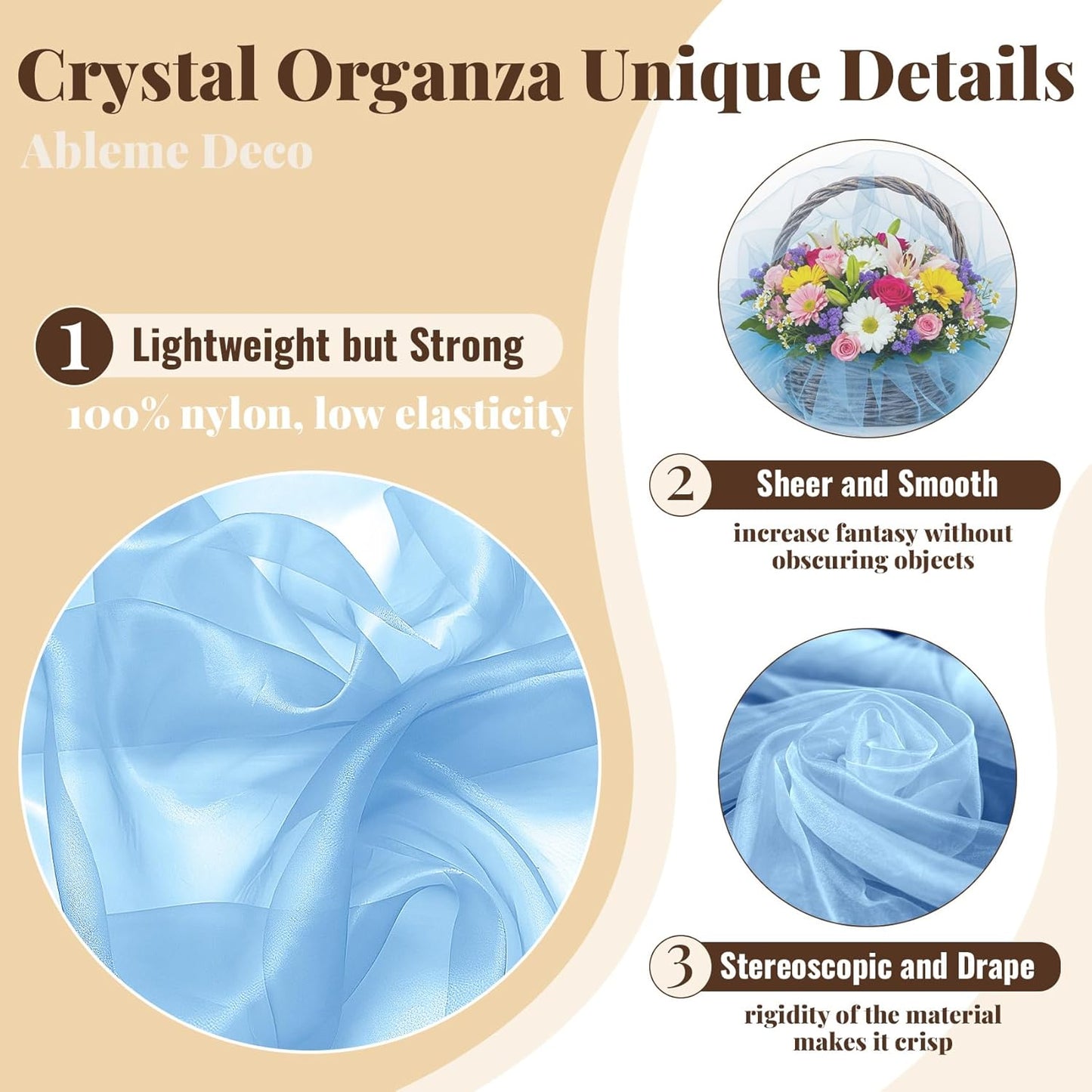 Organza Fabric by The Yard, 60 Inch Wide 3 Yards (9 ft) Long Sheer Fabric for DIY Sewing Projects Wedding Decorations Party Backdrops Curtains (Baby Blue)