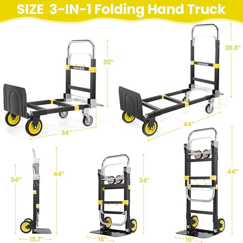 3-in-1 Folding Hand Trucks, 600Lbs Convertible Hand Truck Dolly, Heavy Duty - Image 2
