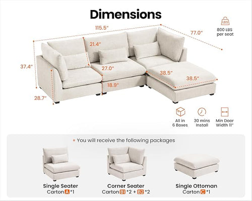 115" Oversized Chenille Couch Modular Sectional Sofa, Washable Cloud Couch - Image 2
