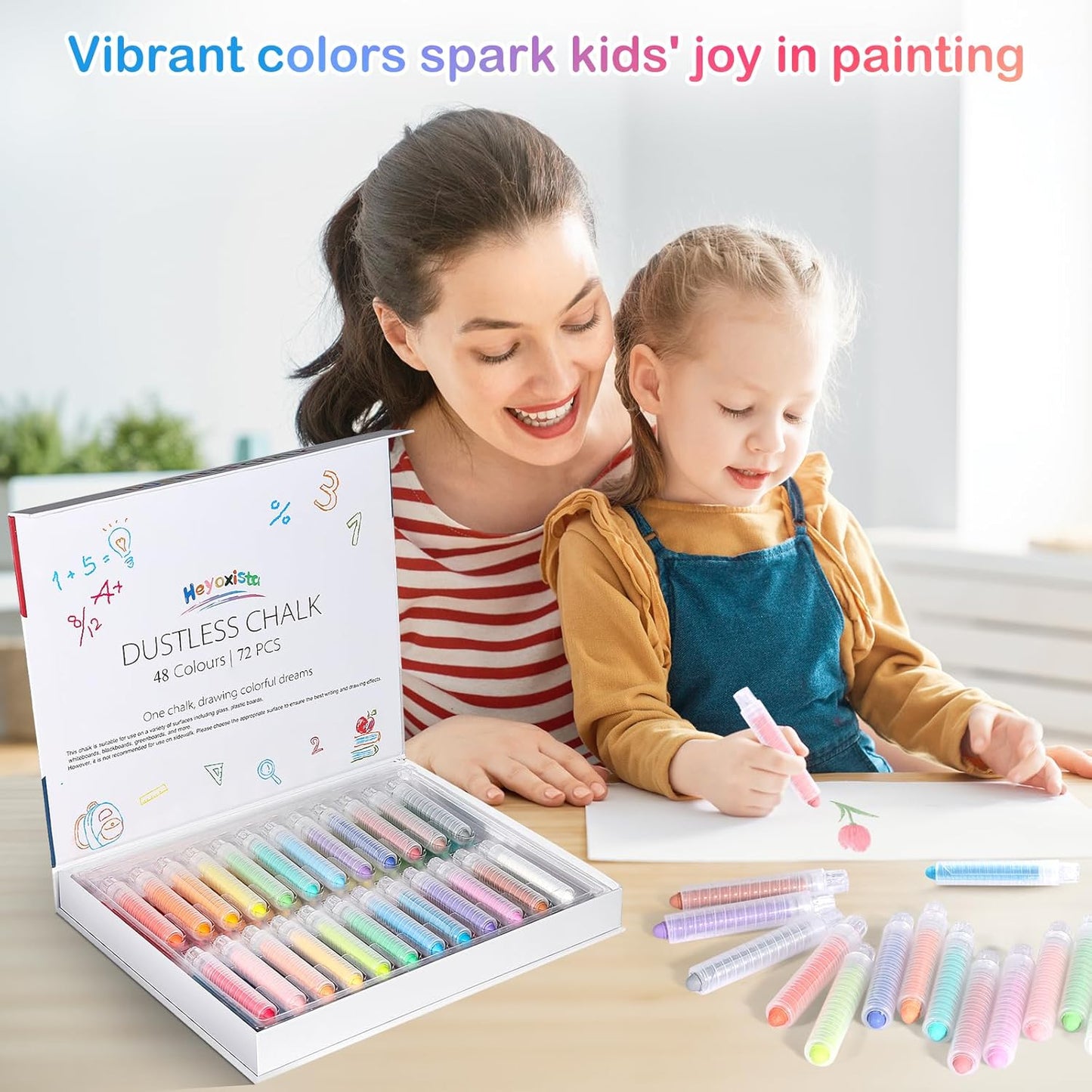 72Pcs Colored Dustless Washable Drawing Chalk Artists Set with 24 Holder - Non-Toxic Art & Drawing Supplies for Kids,Works on Glass/Paper/Wood/Tile (Avoid Rough Textures,Not For ROUGH Chalkboard Use)
