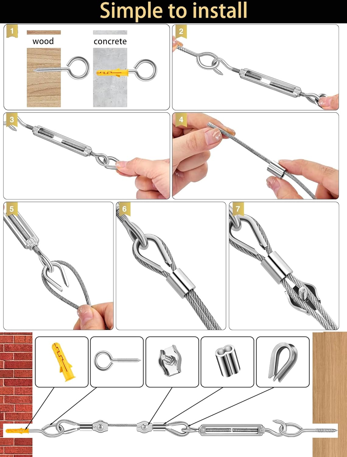 1/16 Inch Stainless Steel Cable 100FT with M5 Turnbuckle - 304 SS Wire Rope Kit for Outdoor Sun Shade, Garden, Deck (1/16" 100FT Wire Rope Kit)