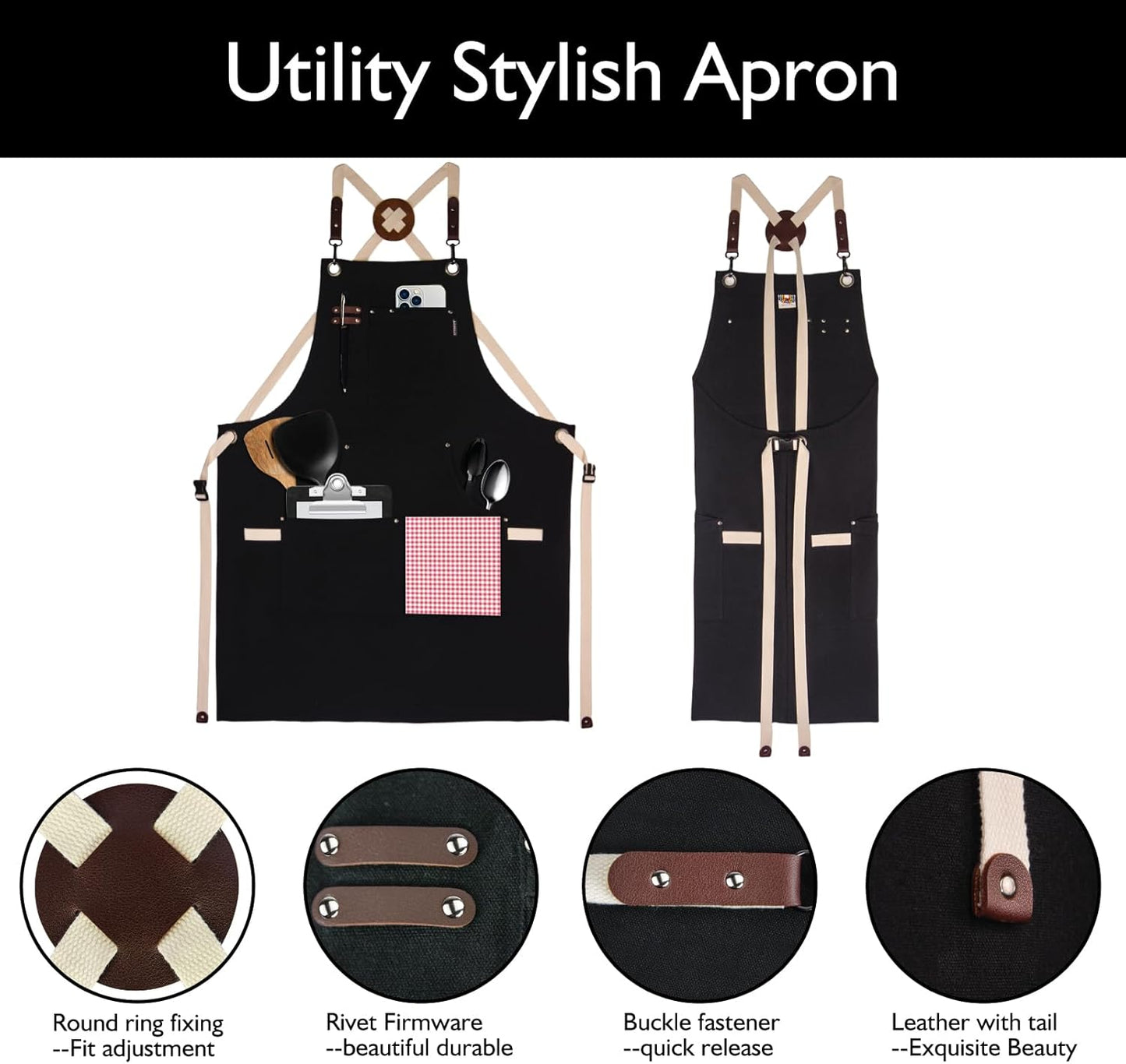 Kitchen Apron, Work Apron, Canvas, Multiple Pockets, Gardening, Painting, BBQ, Artist, Carpenter, Sizes M to XXL, Black