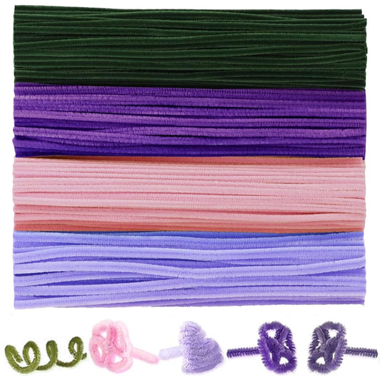 400 Pcs Pipe Cleaners Craft Kit and Craft Supplies Set, 4 Colors Chenille Stems Craft Kits. Includes Floral Tape, Wire, Stems and More, DIY Arts and Crafts Supplies for Flower Making (Purple)