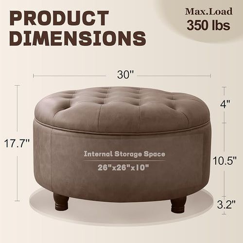 30-Inch Round Storage Ottoman, Button Tufted Ottoman Coffee Table - Image 2