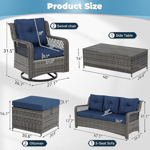 6 Pieces Wicker Patio Furniture Set Conversations Sets, 2 Outdoor 360° Swivel - Image 2