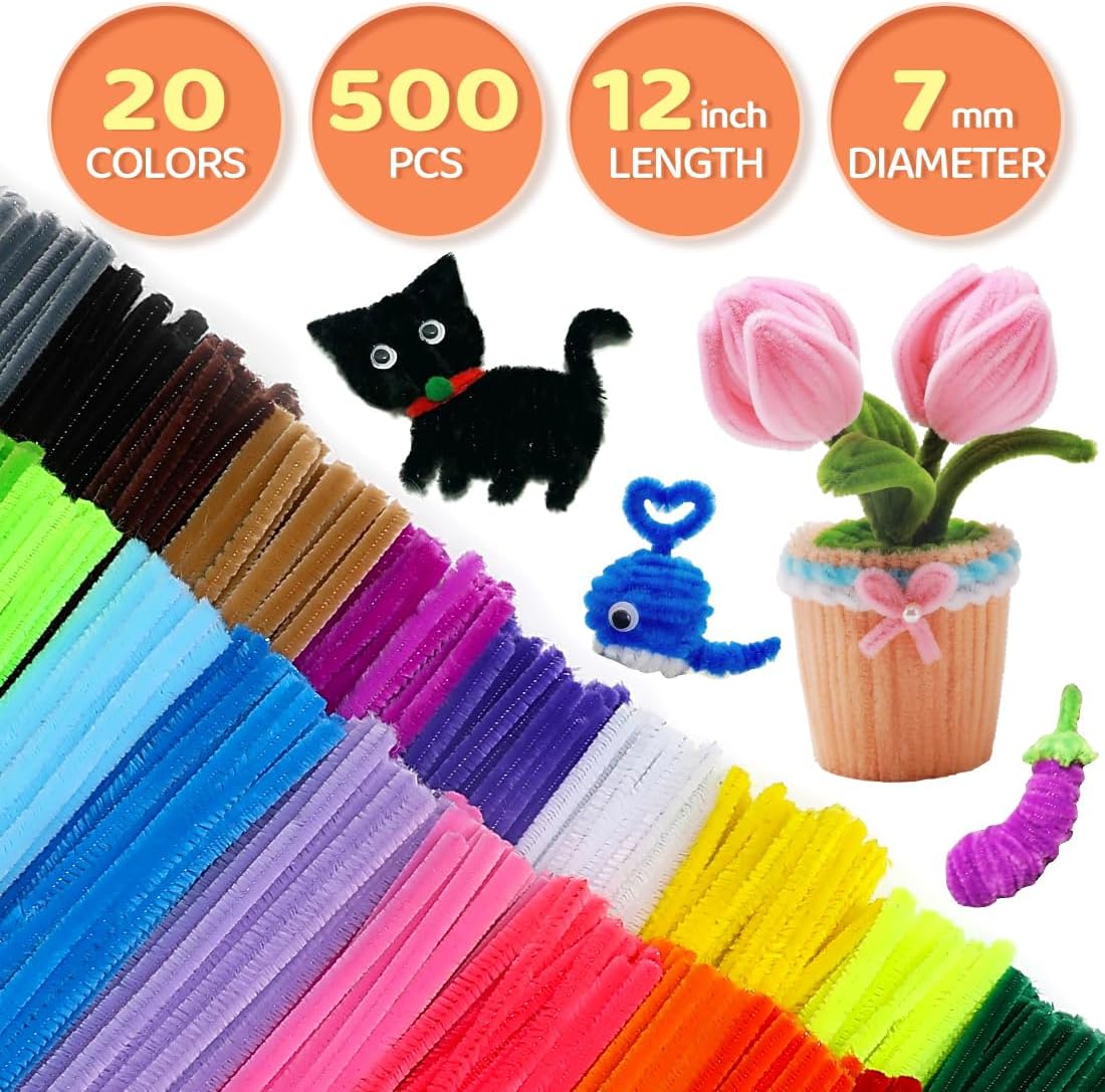 500pcs Pipe Cleaners, Pipe Cleaners for Crafts, Craft Supplies Multicolor Chenille Stems for Art&Craft Christmas DIY Projects(12inch*6mm,20colors)