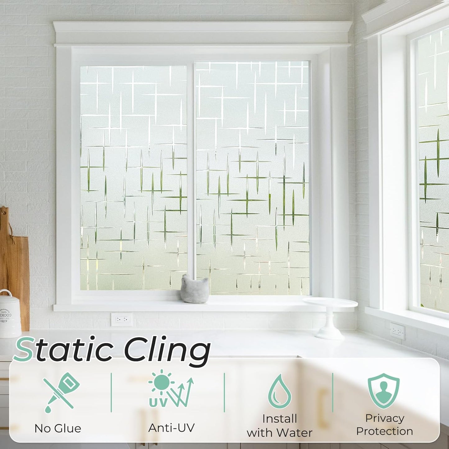 DOWELL Window Privacy Film Frosted Glass Window Film, Sun Blocking Non-Adhesive Glass Cling, Decorative Door Sticker, Self Static-Cling Tint Covering for Home Office, Cross Pattern 17.5" x 78.7"