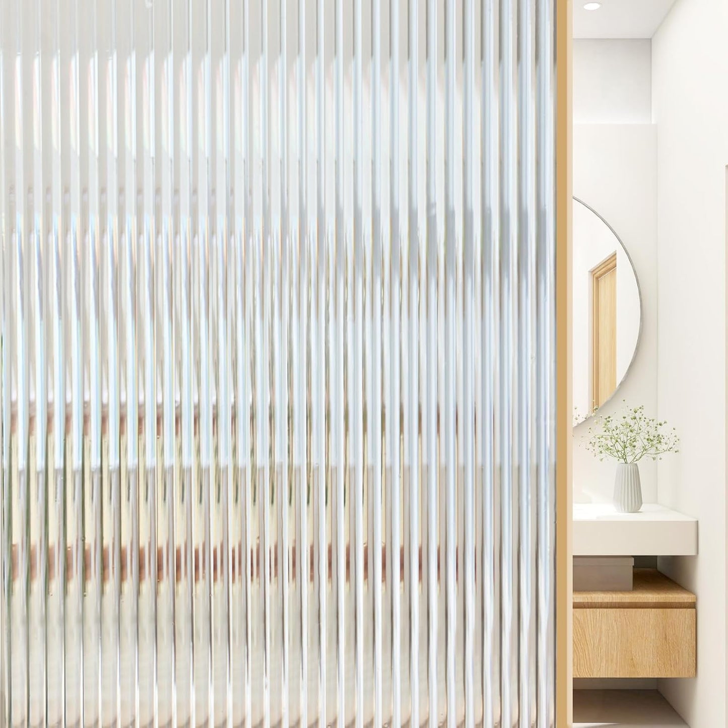 Window Privacy Film, Frosted Reeded Glass Cling, 3D Decorative Coverings with UV Blocking, Adhesive Stickers for Bathroom Doors Cabinet