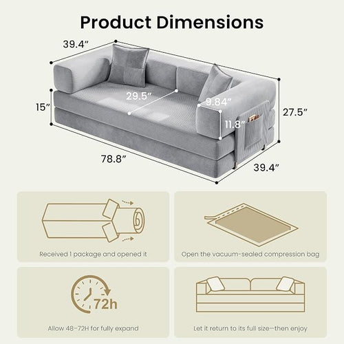 78.8" Convertible Futon Sofa Bed, Corduroy Futon Couch - Image 2
