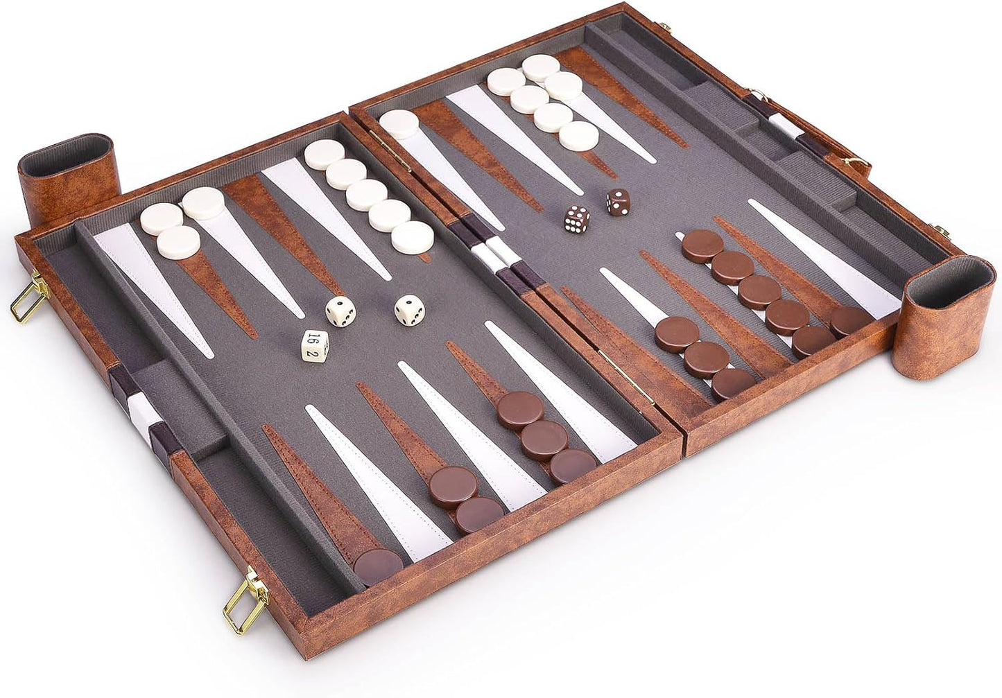 AMEROUS Backgammon Set, 18 Inches Classic Board Game withLeather Case, Folding Board, Gift Package, Portable Travel Strategy Backgammon Game Set for Adults, Kids (Large, Brown)