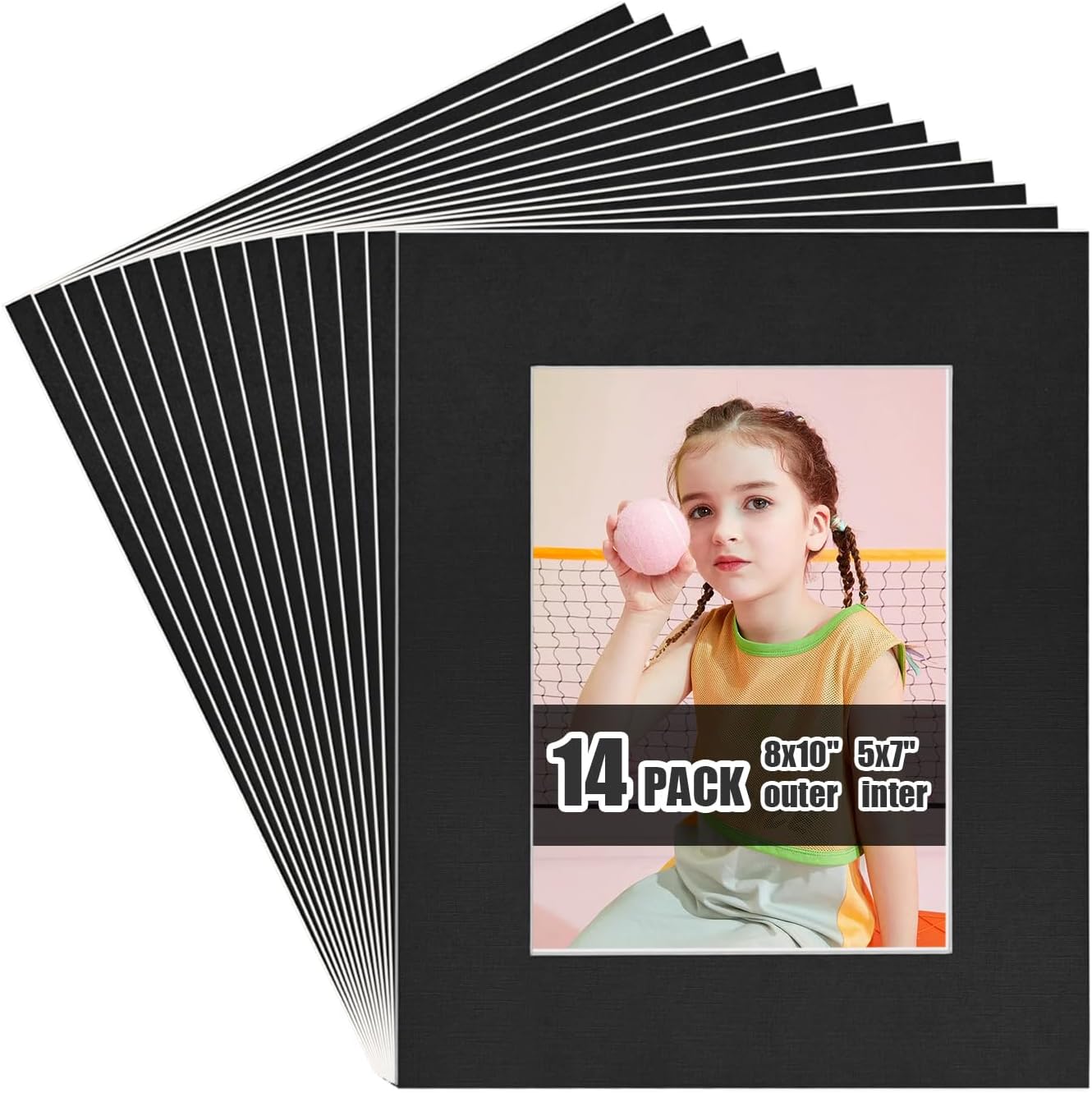 Egofine 8x10 Black Picture Mats Pack of 14, Frame Mattes for 5x7 Pictures, Acid Free, 1.2mm Thickness, with Core Bevel Cut