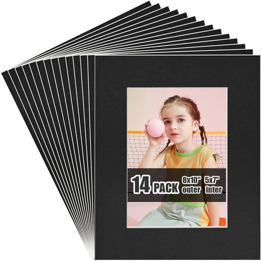 Egofine 8x10 Black Picture Mats Pack of 14, Frame Mattes for 5x7 Pictures, Acid Free, 1.2mm Thickness, with Core Bevel Cut