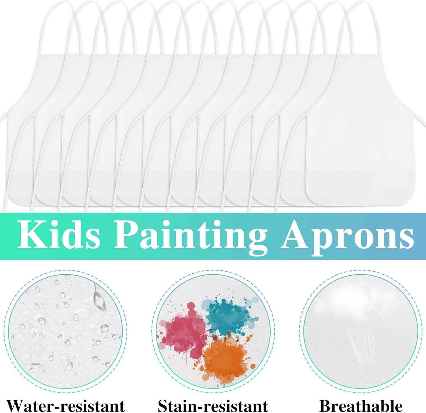 12 Pieces White Kids Painting Aprons Kid Art Apron with 2 Roomy Pockets Kids Aprons for Painting Activity Kitchen Crafts