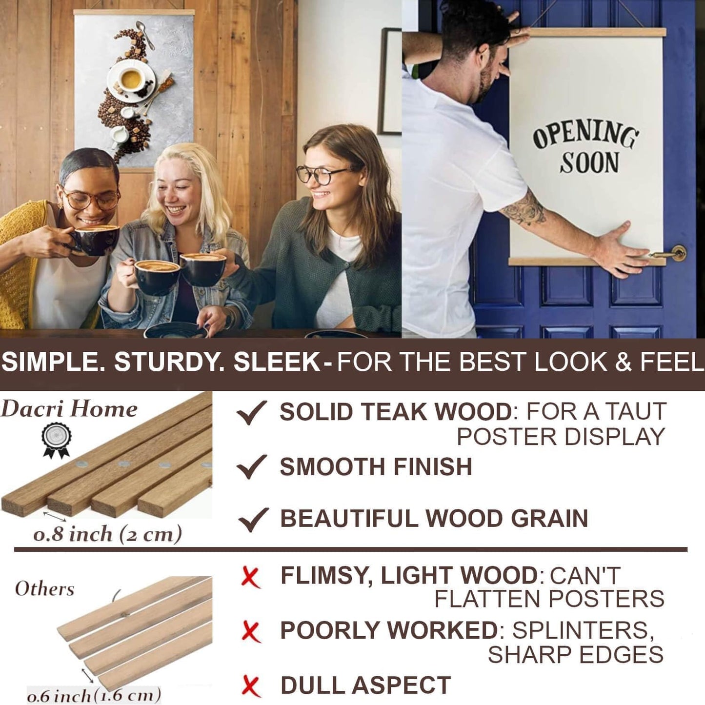 DACRI HOME 46" Magnetic Poster Hanger Frame - Sturdy Teak Wood Poster Frame, Strong Magnets for Easy Hanging Map Picture Canvas Print Scroll Wall Art (46 Inch, Natural Wood)