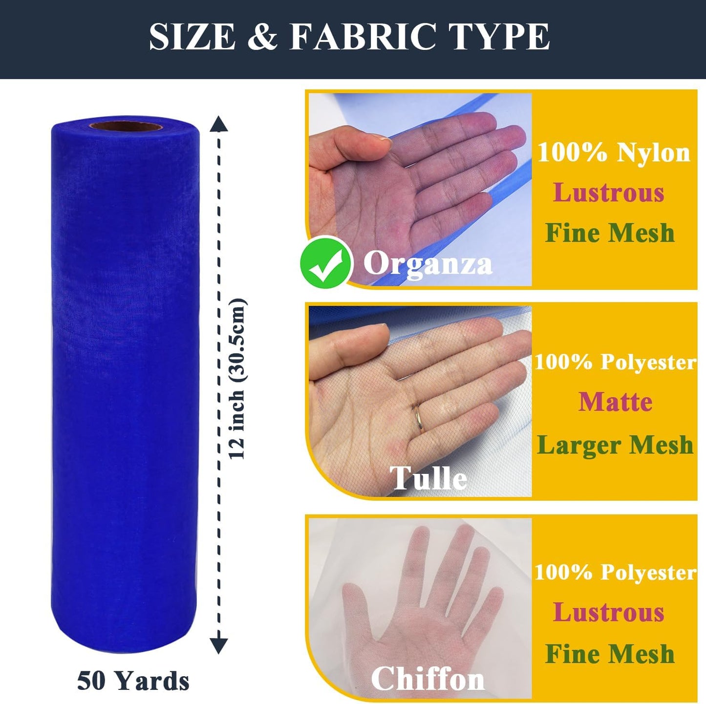 Royal Blue Organza Tulle Fabric Rolls, Crystal Organza 12" by 50 Yards (150 ft) Sheer Nylon Silky Shiny Netting Spool Bolt for DIY Craft Table Runner Wedding Baby Shower Party Decor (Royal Blue)