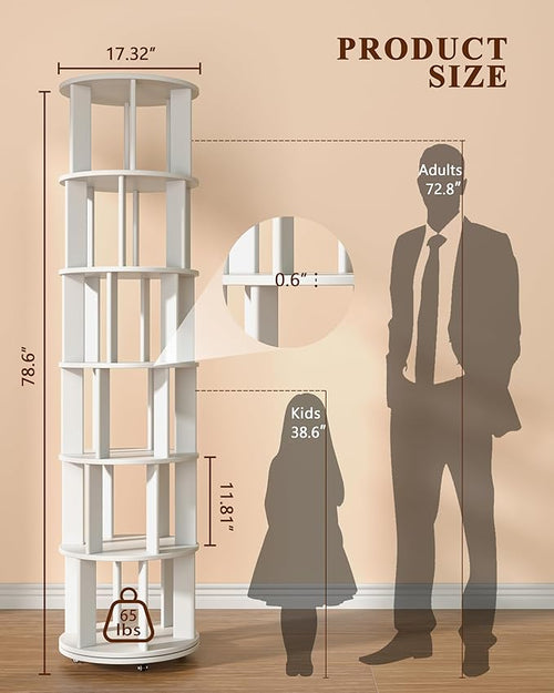 6-Tier Solid Wood Rotating Bookshelf on Wheels, 360° Spinning Book Shelf Tower - Image 2