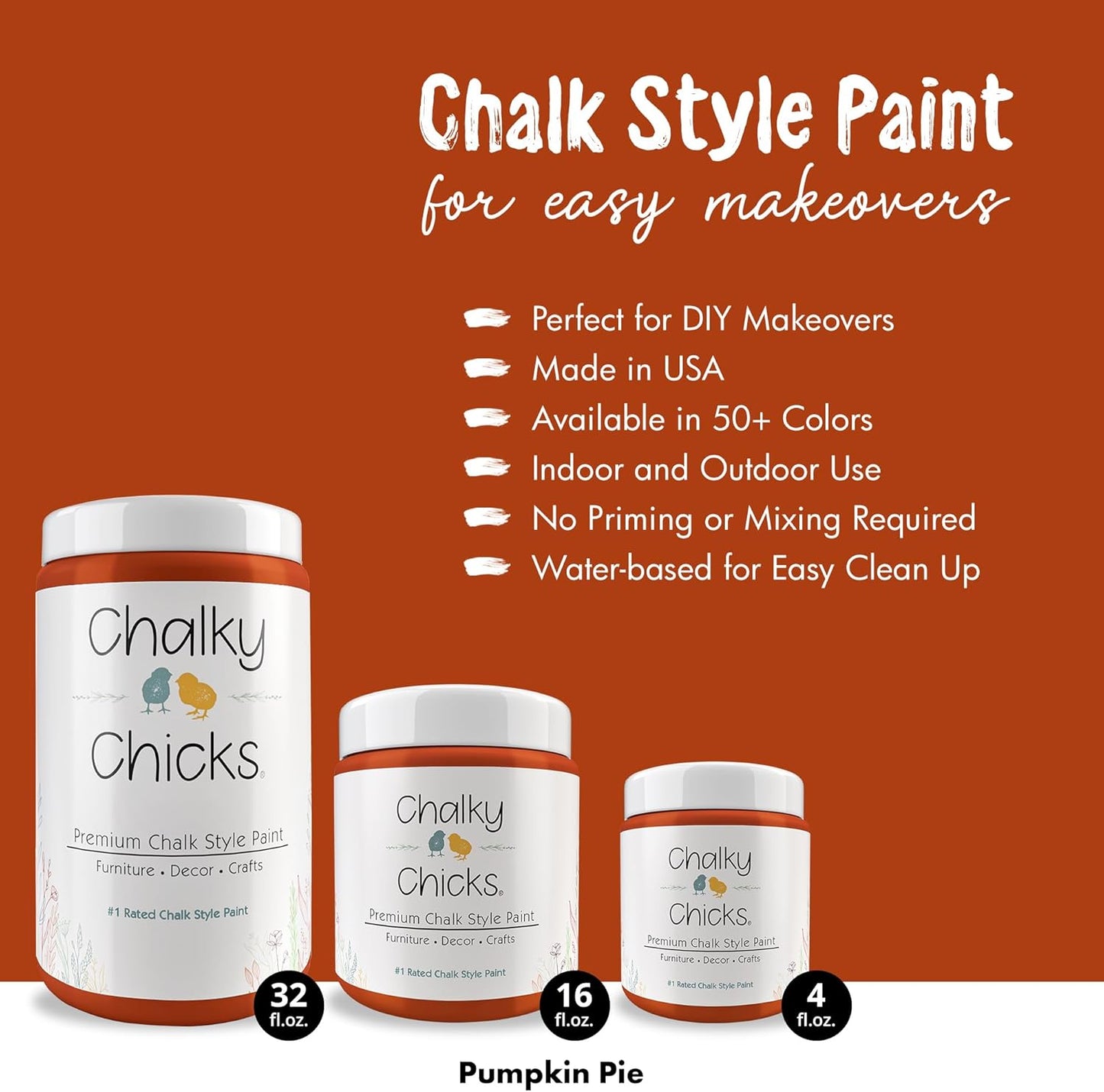 Chalky Chicks All-in-One Chalk Paint for Furniture or Cabinet - 32 Fl Oz - Matte Finish Pumpkin Pie Orange for Metal, Wood Furniture Paint - No Sanding All-in-One for Home Decor & Crafts, USA Made