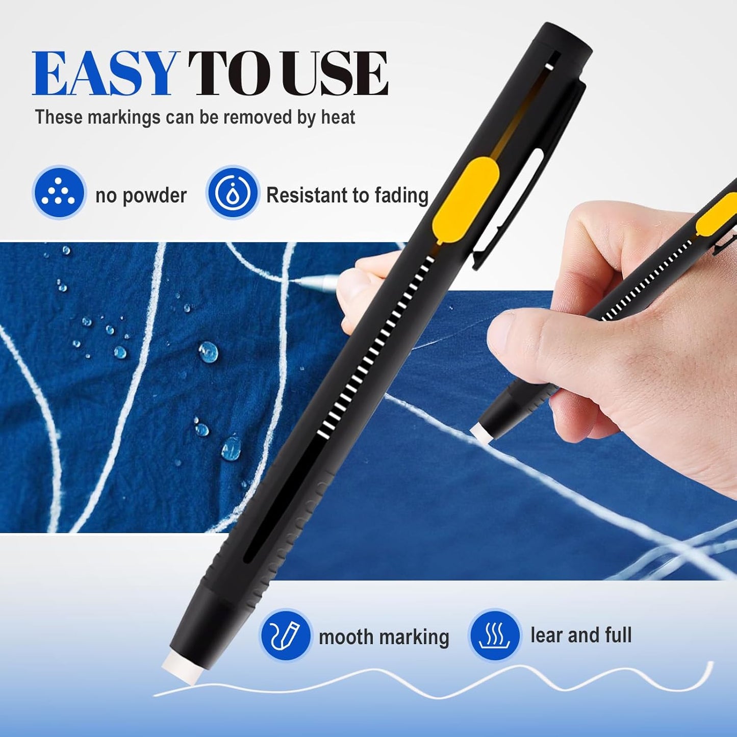 Heat Erasable Fabric Markers for Sewing, Quilting & Embroidery & DIY Crafts - Washable, Refillable DIY Chalk Pens for Cotton & Knitted Fabrics, Sewing Supplies (1 Pen + 20 Refills)