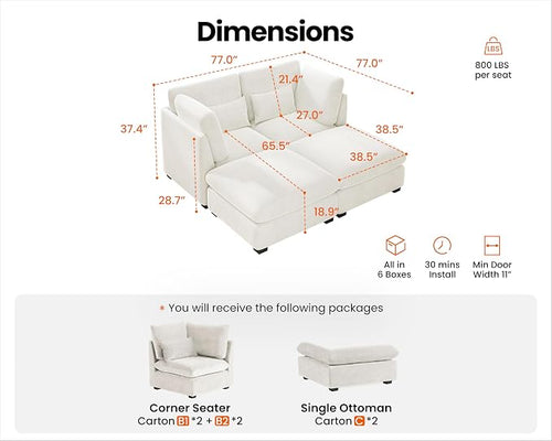 77" Oversized Chenille Couch Modular Sectional Sofa, Washable Cloud Couch - Image 2