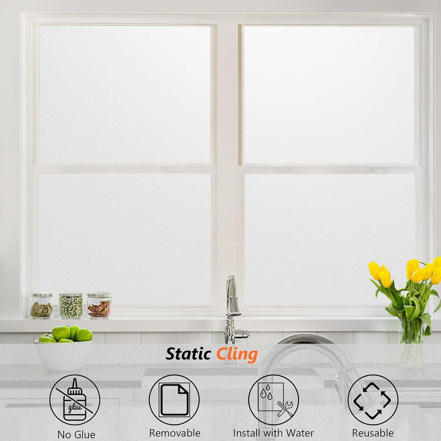 Kromapolis Window Privacy Film Frosted Glass Window Film, Heat Blocking Privacy Film for Glass Windows, Static Cling Non-Adhesive Frosting Window Stickers for Door Home (Frosted, 45.2 x 157.4 inch)