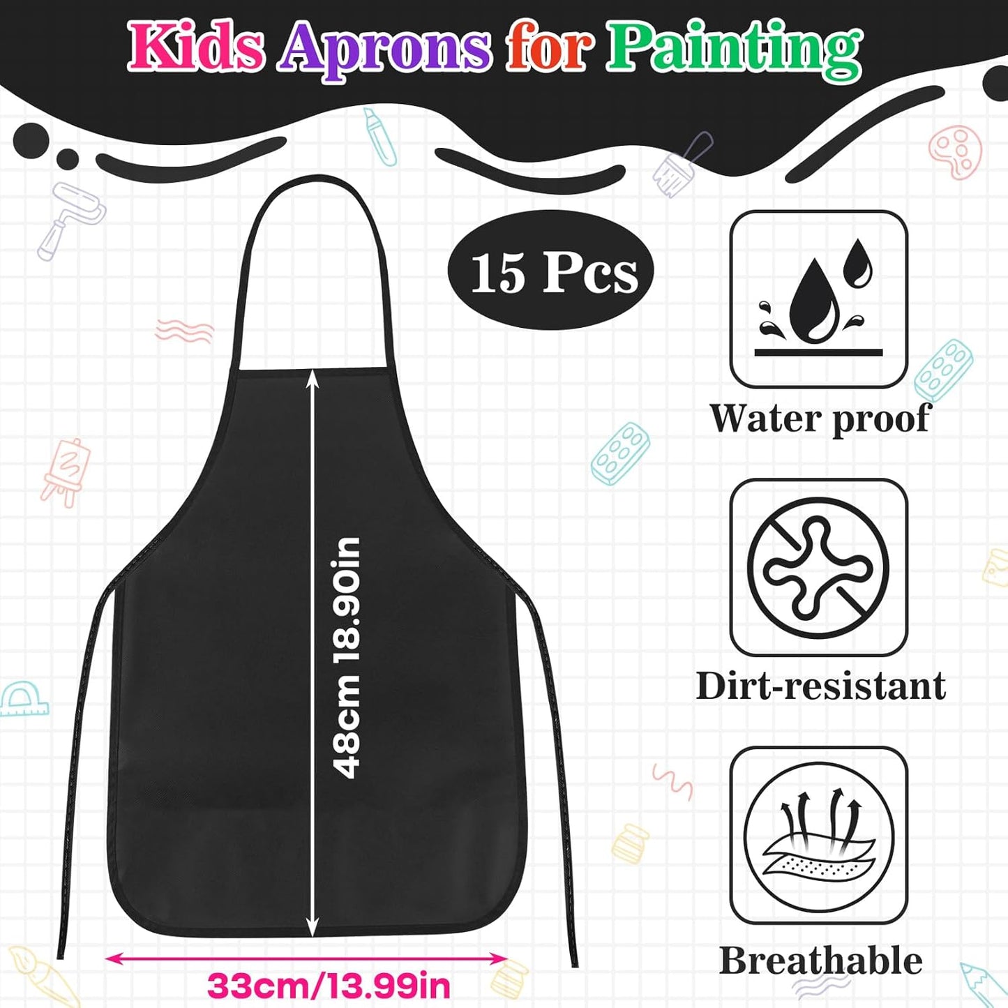 PLULON 30 Pcs Kids Apron Painting Aprons, Kids Aprons for Painting Black Aprons Art Apron Smocks Bulk for Art Activity Craft Home Kitchen Classroom Party Supplies