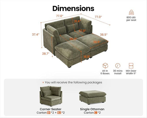 77" Oversized Chenille Couch Modular Sectional Sofa, Washable Cloud Couch - Image 2