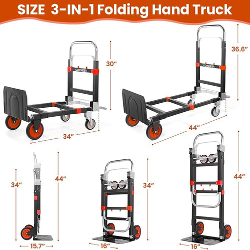3-in-1 Folding Hand Trucks, 600Lbs Convertible Hand Truck Dolly, Heavy Duty - Image 2