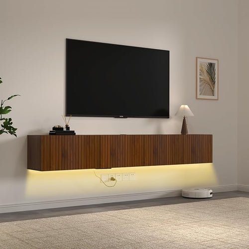 71” Floating TV Stand with LED Lights & Charging Station, Wall Mounted by EAZEHOME